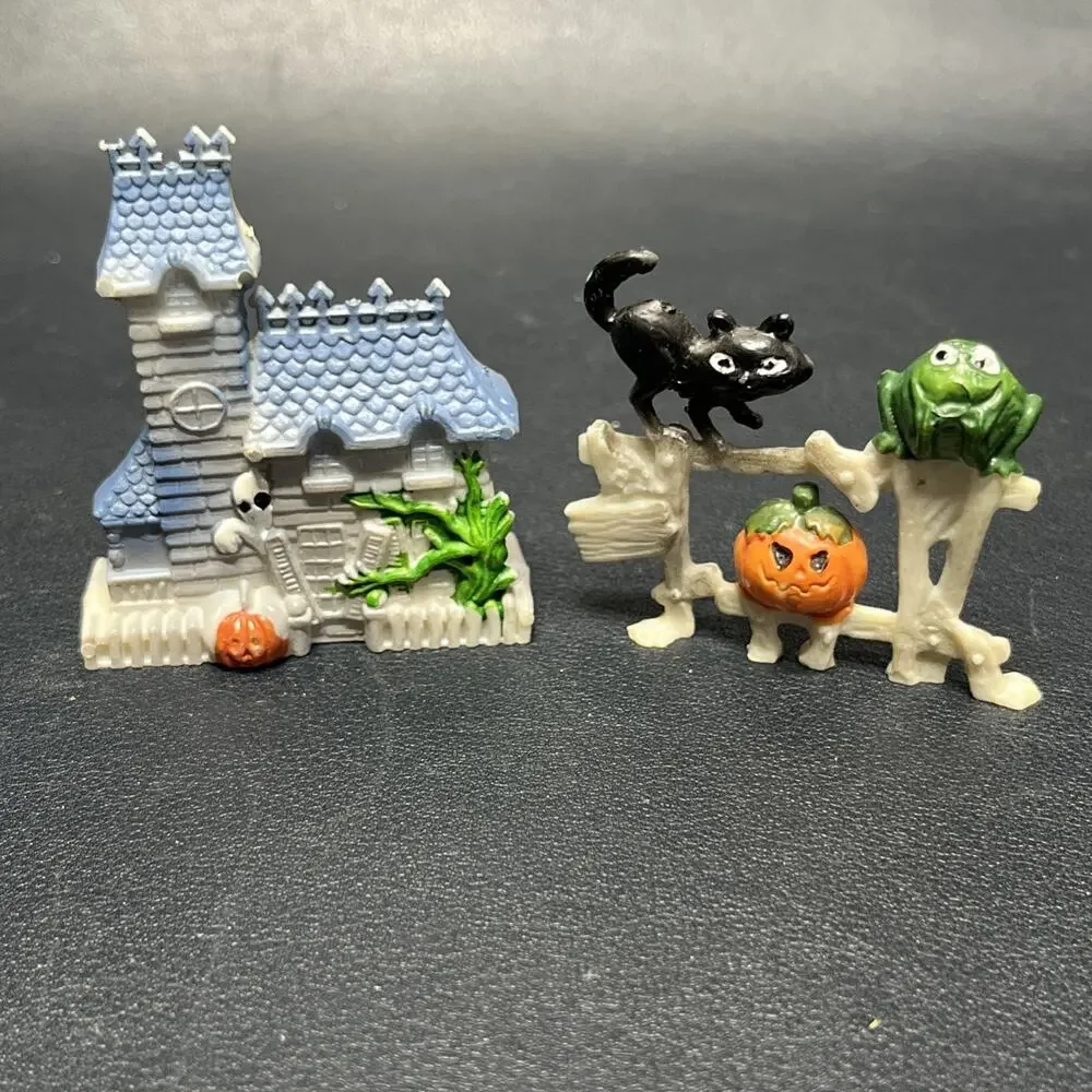 Vintage Halloween Figures Cake Topper Hong Kong Haunted House Black Cat Pumpkin